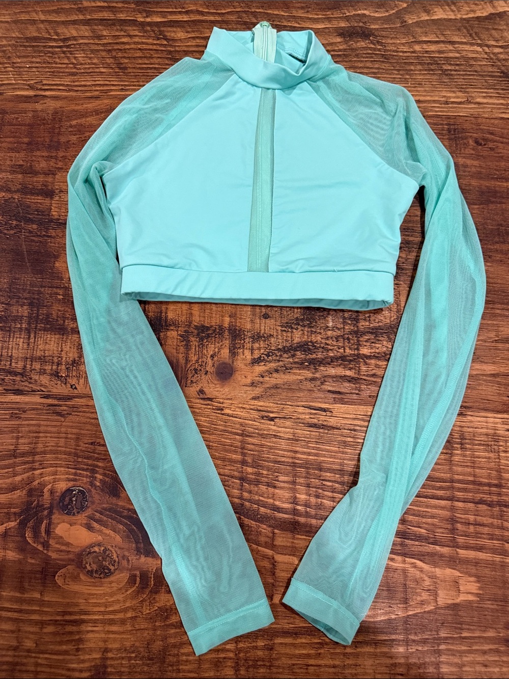 Aqua Mesh-Sleeve Zip-Front Crop Top